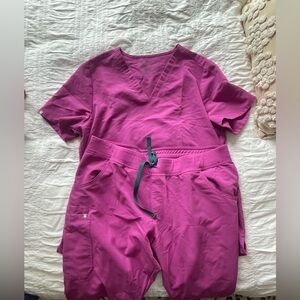 Figs Pink Kade scrub pants and Casma scrub top